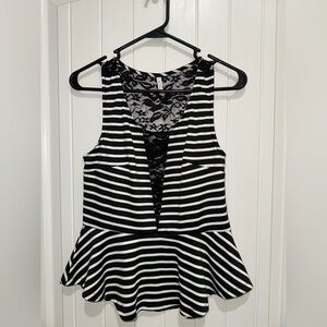 DNA Couture Black and White Striped Peplum Top